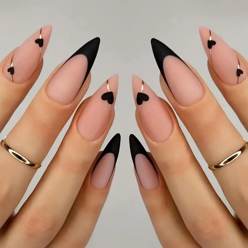 Romantic Almond Nails - Matte Black & Pink Design