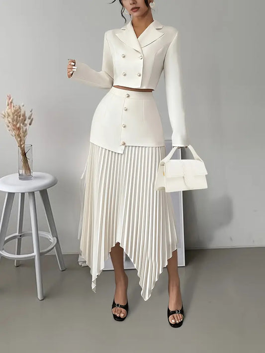 Double-Breasted Top & Flowing Pleated Skirt