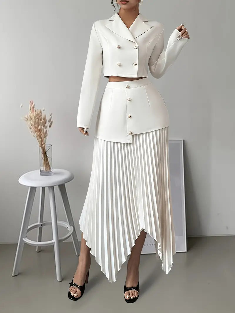 Double-Breasted Top & Flowing Pleated Skirt