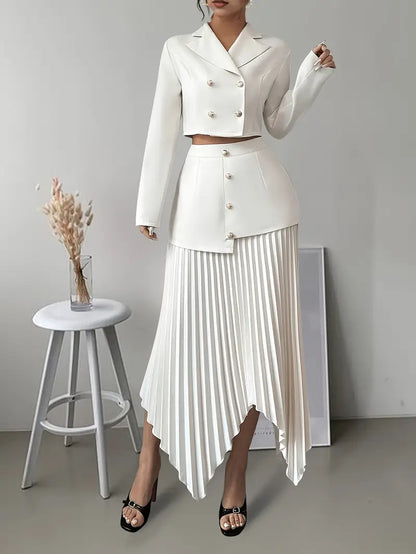 Double-Breasted Top & Flowing Pleated Skirt