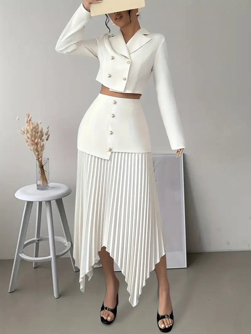 Double-Breasted Top & Flowing Pleated Skirt