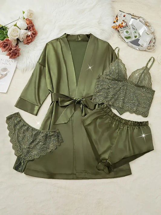 All-Season Satin Pajama Set - Floral Lace Cami, Shorts, and Robe