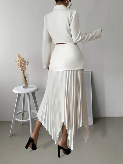 Double-Breasted Top & Flowing Pleated Skirt