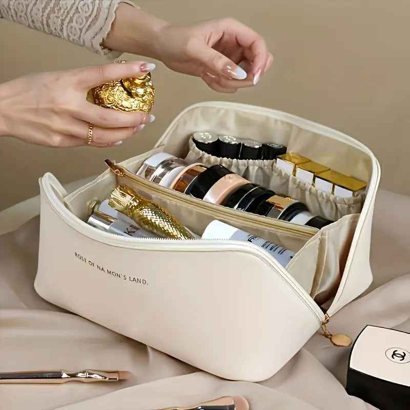 Beige Makeup Bag with Golden Zipper