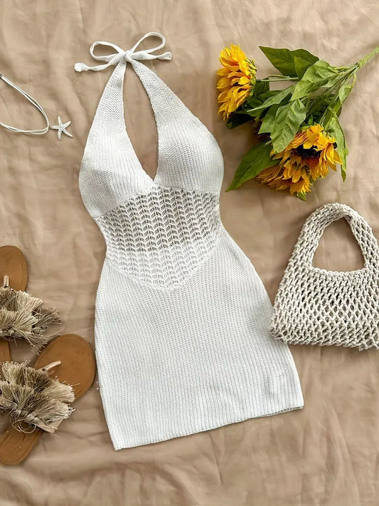 Backless White Knitted Halter Dress – Swimwear Cover