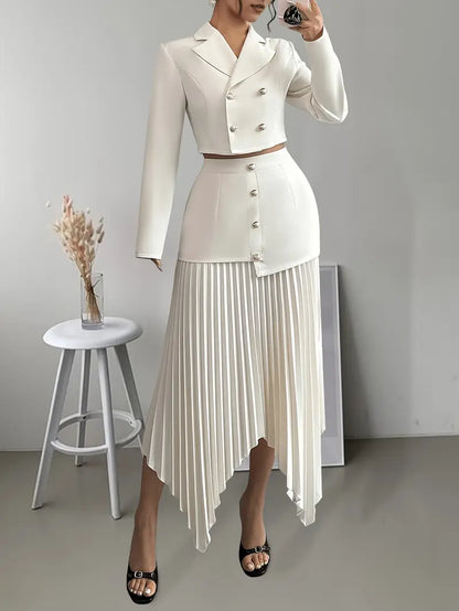 Double-Breasted Top & Flowing Pleated Skirt