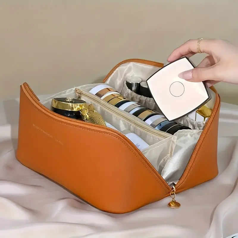 Beige Makeup Bag with Golden Zipper